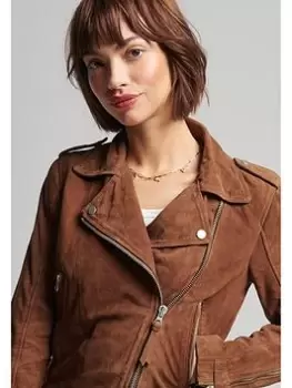 Image of Superdry Classic Suede Biker Jacket - Brown, Size 10, Women