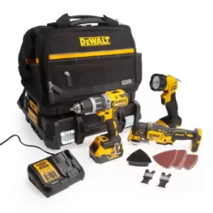 Image of DEWALT 18V XR DCD796 Combi Drill, DCS355 Multi Tool & DCL040 Torch (2 x 5.0AH Ba