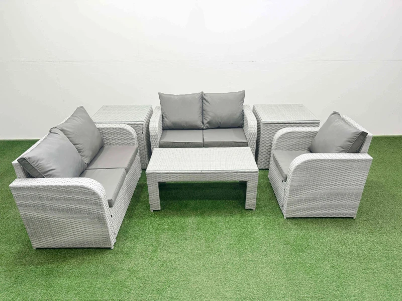 Image of Fimous High Back Poly Rattan Garden Furniture Set with Reclining Chair Loveseat Sofa Oblong Coffee Table Indoor Outdoor Patio Set 2 Side Table Light