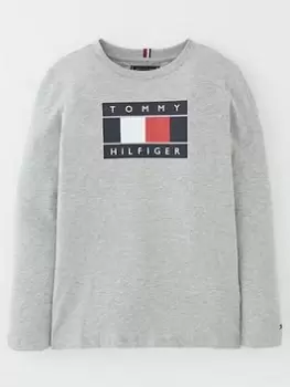 image of Tommy Hilfiger Boys Global Stripe Flag Long Sleeve T-Shirt - Light Grey Marl Size 12 Years