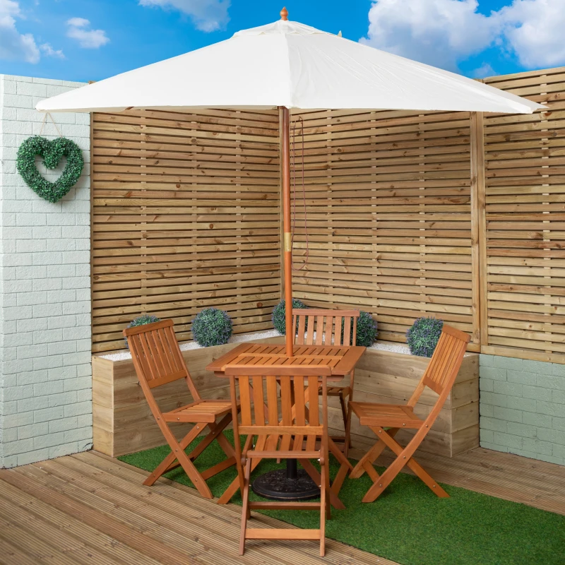 Image of Outdoor 4 Person Folding Square Wooden Garden Dining Table Chairs Cream Parasol and Base Set