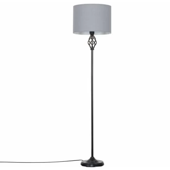 image of Traditional Black Barley Twist Floor Lamp + Cylinder Light Shade - Grey - No Bulb