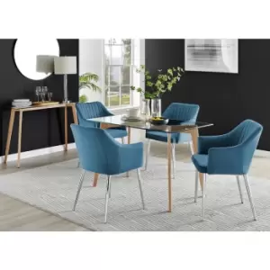 Image of Furniturebox UK - Furniturebox Malmo Rectangular Glass and Wooden Leg Modern Industrial Dining Table & 4 Blue Calla Silver Leg Velvet Chairs