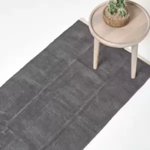 Image of Dark Grey 100% Cotton Plain Chenille Rug with Natural Trim, 66 x 200cm - Grey - Homescapes