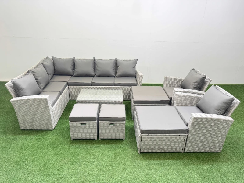 Image of Fimous 12 Seater Garden Outdoor PE Rattan Furniture Set with 4 Footstools 2 Chair Light Grey Mixed Light Grey Unisex