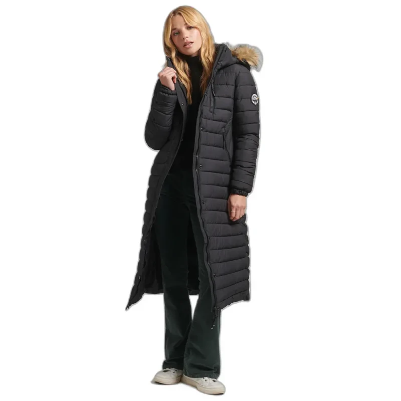 Image of Superdry Long Hooded Puffer Jacket with fake fur For Her Superdry Noir Female XS
