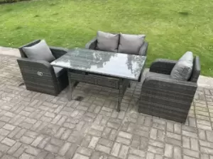 image of Fimous 4 Seater Outdoor Dark Grey PE Rattan Lounge Complete Sofa Set with Reclining Chair