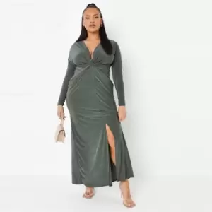 Missguided Knot Front Ls Maxi Dress Slinky - Green