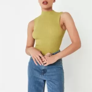 image of Missguided Petite Rib High Neck Top - Green