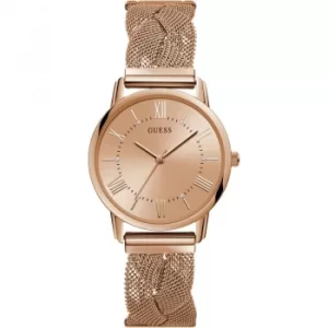 GUESS Ladies rose gold watch with braided mesh bracelet.