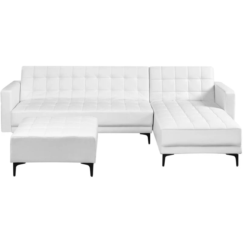 Image of Beliani Modular Corner Sofa Bed 4 Seater Aberdeen Faux Leather White With Ottoman Left Hand