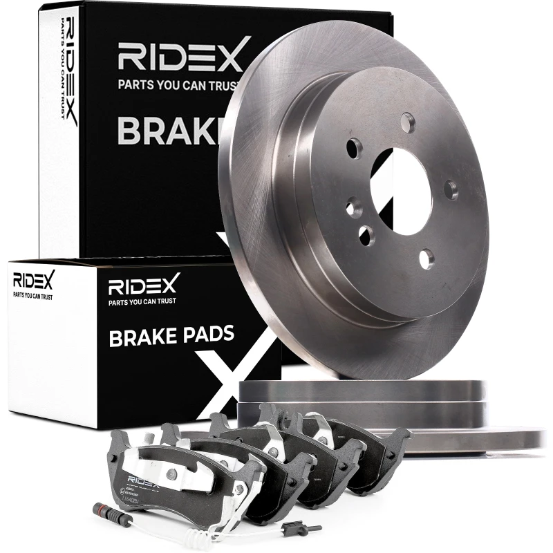 Image of RIDEX 3405B0477 Brake disc and pads set Rear Axle, Brake Disc Type: Solid, incl. wear warning contact, with piston clip Brake Set,disc brakes (3405)