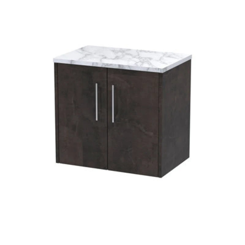 Image of Nuie Hudson Reed Juno Wall Hung 2-Door Vanity Unit & Carrera Marble Worktop, Countertop Basin Unit In Metallic Slate, 600mm