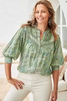 image of Eden Printed ¾ Sleeve Lace Trim Blouse