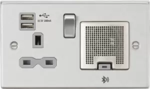 image of Knightsbridge 13A Socket, USB chargers (2.4A), & Bluetooth Speaker - Square Edge Brushed Chrome with grey insert - CS9905BCG