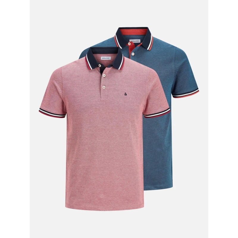 Image of Jack and Jones Mens Paulos Pack Short Sleeve Polo Shirt Rio Red/Denim male XL