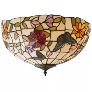 image of Tiffany Glass Semi Flush Ceiling Light Butterfly Round Inverted Shade i00037