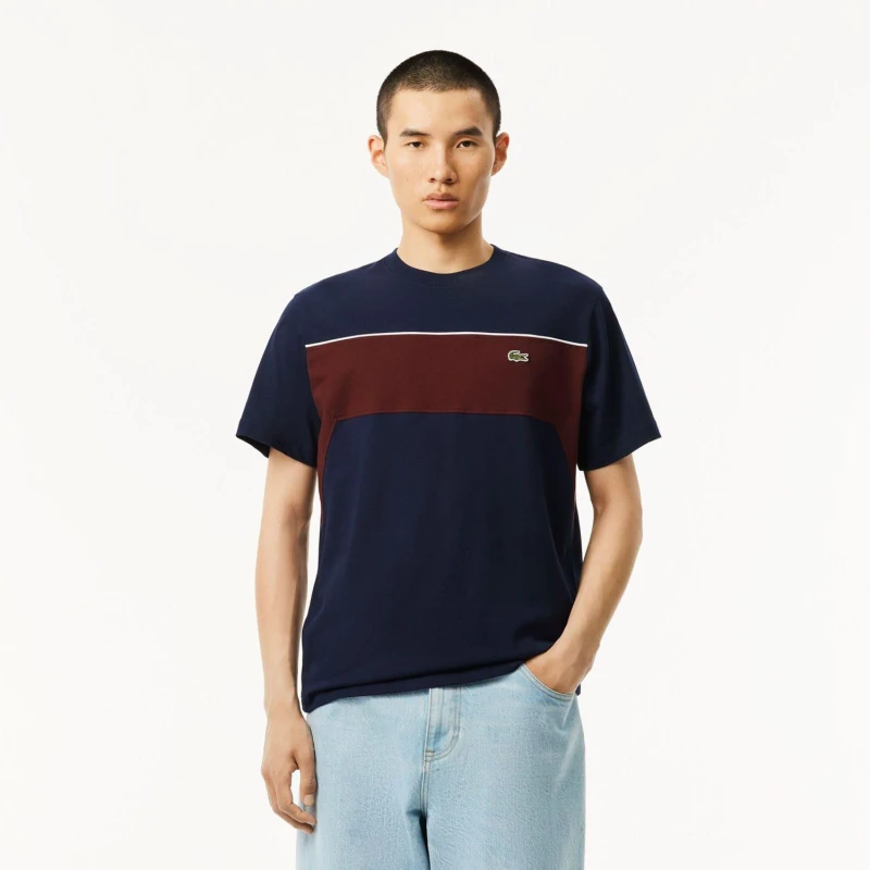 Image of Lacoste Cotton Colour-Block T-Shirt Navy Red male XS