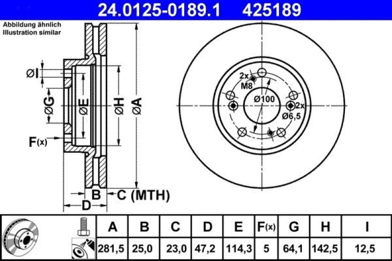 Image of ATE 24.0125-0189.1 Brake disc Vented, Coated, with bolts/screws Brake Disc (82)