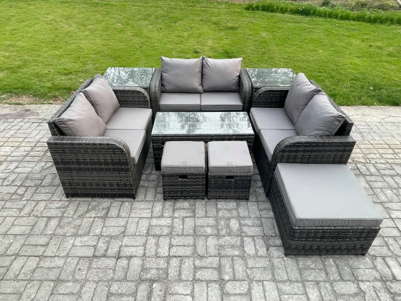 Image of Fimous Outdoor Garden Furniture Sets 9 Pieces Wicker Rattan Furniture Sofa Sets with Coffee Table Love seat Sofa 3 Footstools 2 Side Tables Dark Grey