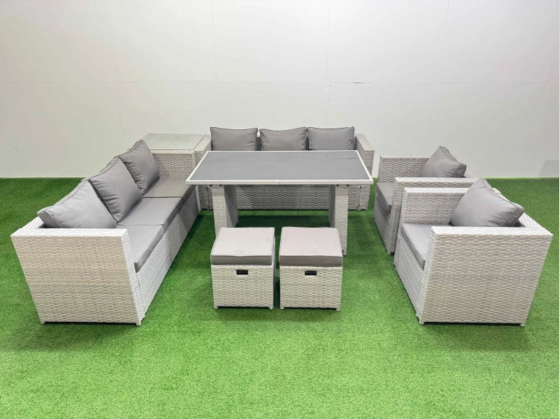 Image of Fimous 10 Seater Outdoor Dining Table 3 Seater Sofa Set with Side Table in Light Grey Light Grey Unisex