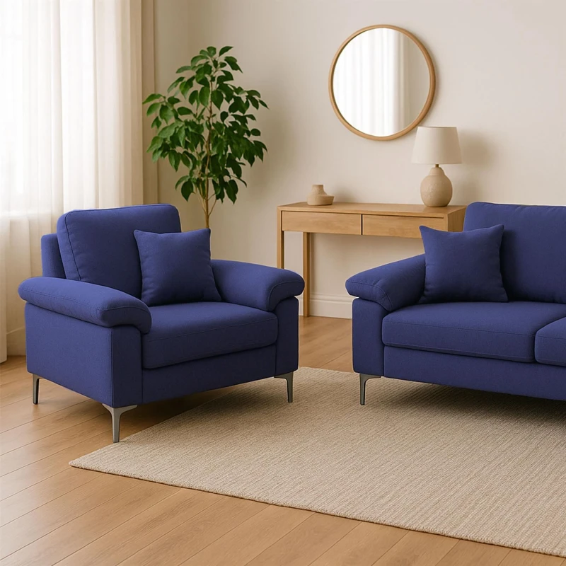 Image of KOSY KOALA KOSY KOALA Modern Blue Sofa 2 1 Seater Set Fabric with Chrome Feet - Comfortable Couch with Cushion for Living Room, Bedroom or Office Blue