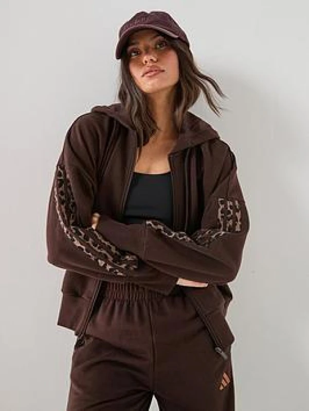 Image of Adidas SPORTSWEAR Essentials Leopard Print Long Sleeve Zip-Up Hoodie Leopard Print Cotton XS