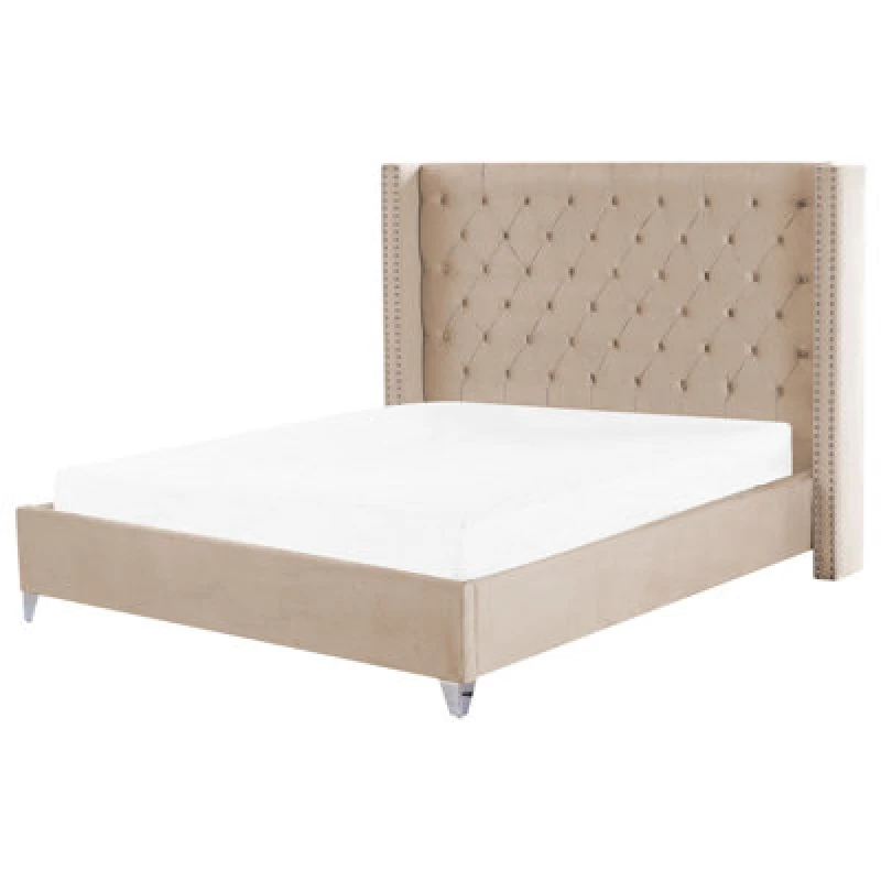 Image of Beliani Bed Velvet Lubbon 180 X 200 Cm (Eu Super King) Beige