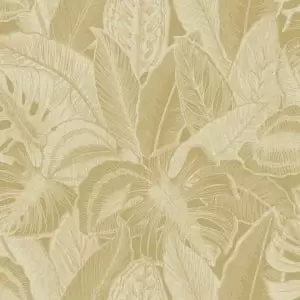 image of Holden Decor Linear Palm Ochre Wallpaper - 10.05m x 53cm