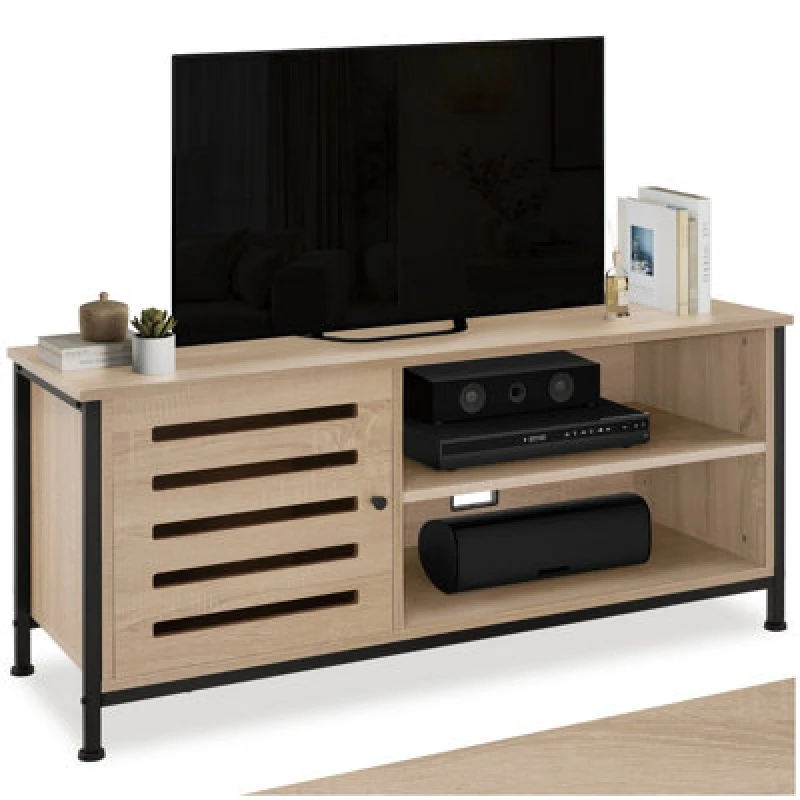 Image of Tectake TV Stand - Lowboard Cabinet, 2 Shelves, Storage Compartment With Door, 2 Cable Cutouts 110 Cm - Industrial Wood Light, Oak Sonoma