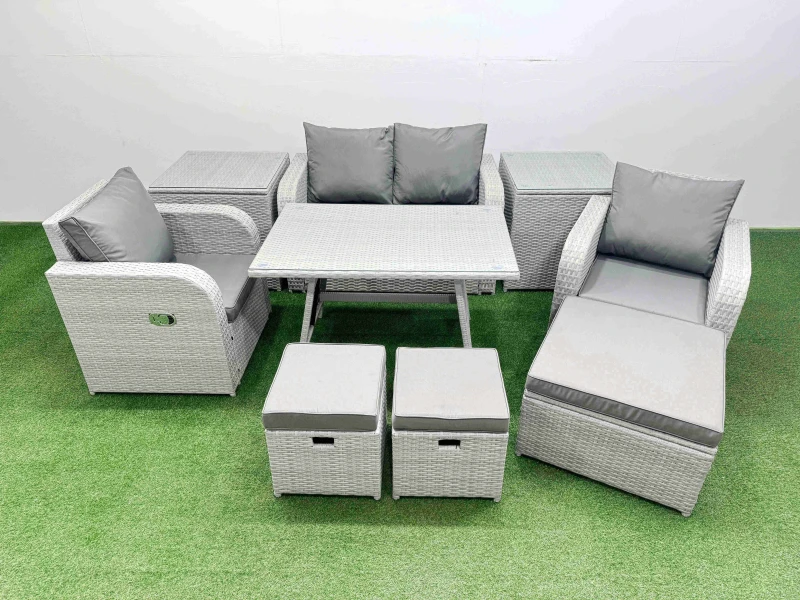 Image of Fimous PE Wicker Rattan Garden Furniture Set Reclining Chair Love Sofas in Light Grey Light Grey Unisex