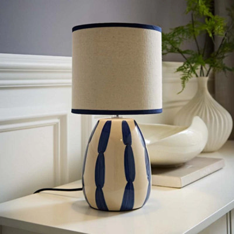 Image of Valuelights Brynn Natural And Navy Ceramic Stripe Table Lamp