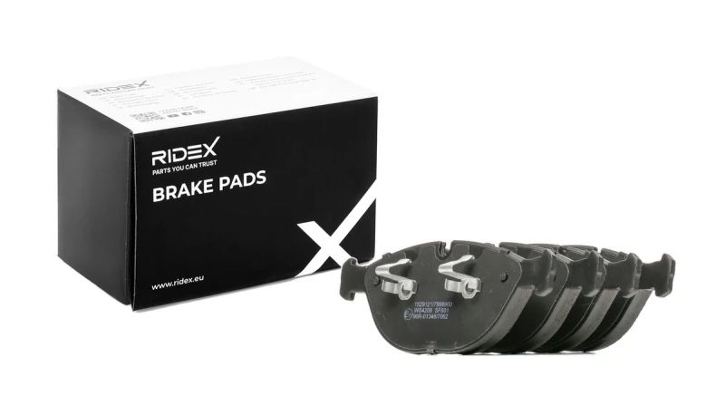 Image of RIDEX 402B0697 Brake pad set Front Axle, prepared for wear warning indicator, with piston clip, Axle Vers.: Front Brake Pad Set,disc brake (402)