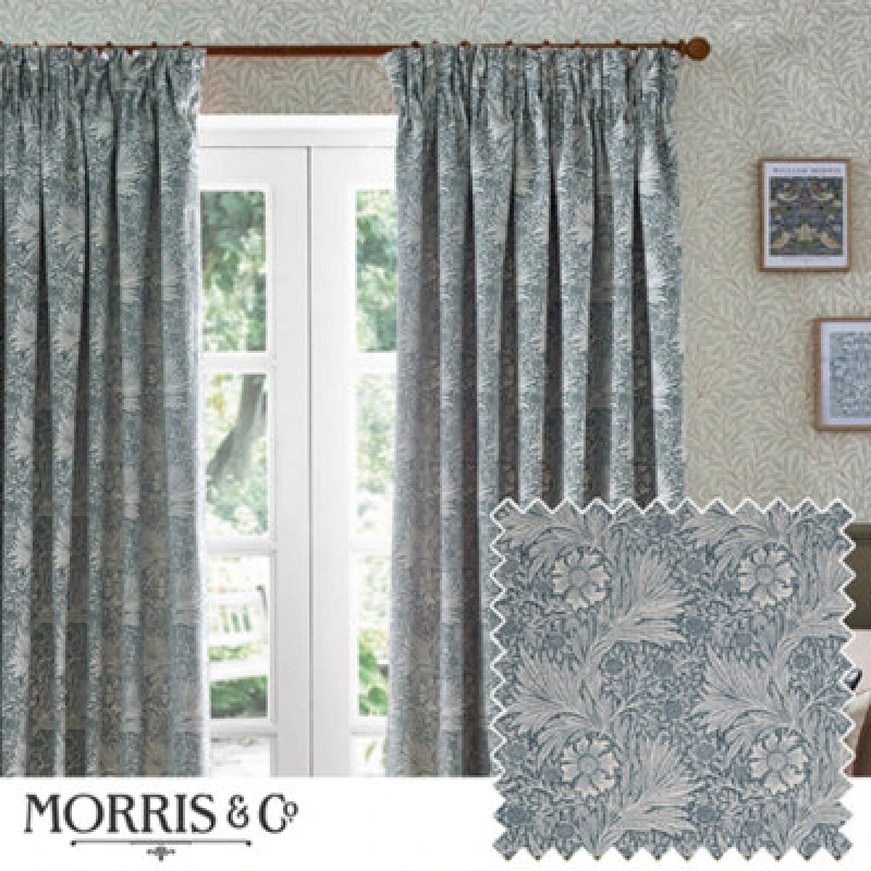 Image of Morris & Co Morris & Co Marigold Jacquard Floral Room Darkening Pencil Pleat Curtains in Indigo Size: 117cm width x 183cm drop Indigo 117cm width x