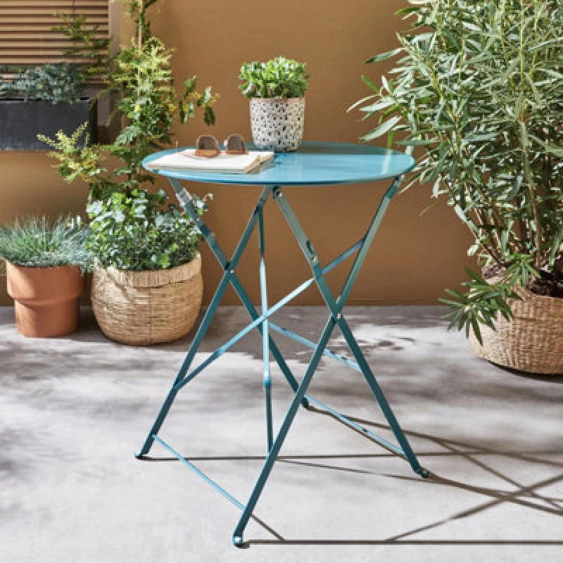 Image of Sweeek - Folding Metal Bistro Garden Table Diam.60Cm Seats 2 Emilia Duck Blue 60X60X71 Cm
