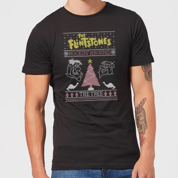 Image of Flintstones Rockin Around The Tree Mens Christmas T-Shirt - Black - 3XL