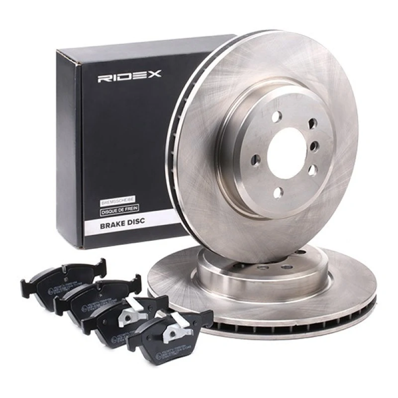 Image of RIDEX 3405B1009 Brake disc and pads set without accessories, Front Axle, Brake Disc Type: Vented, prepared for wear warning indicator, with piston cli