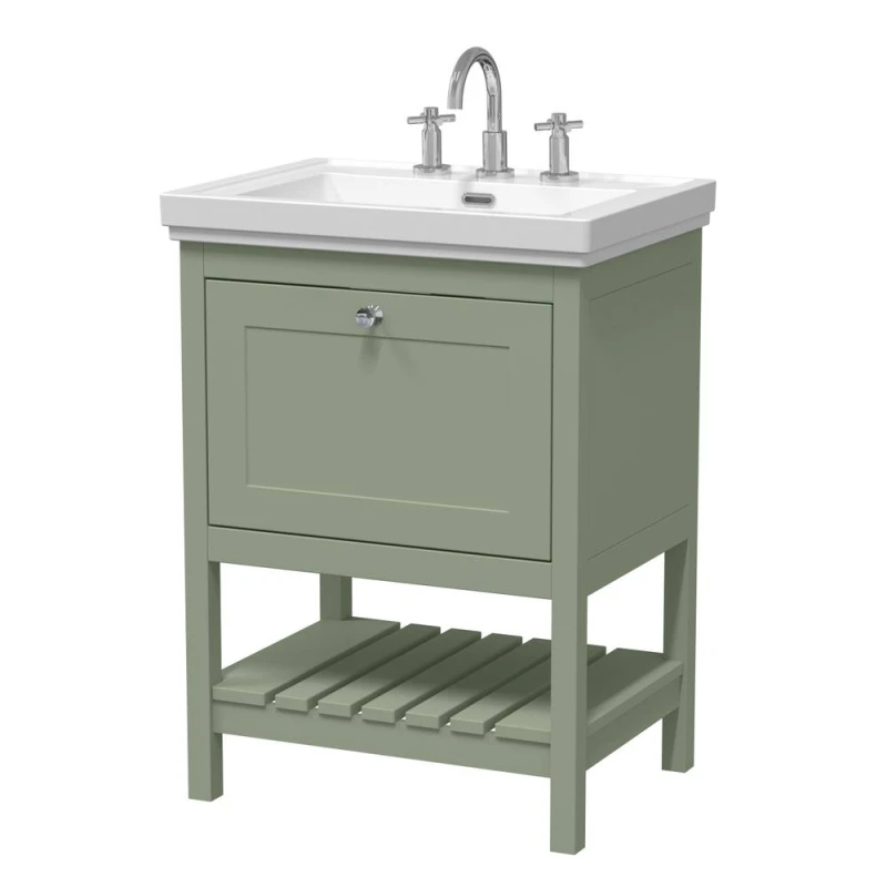 Image of Balterley Floor Standing 1 Drawer Vanity 3 Tap Hole Fireclay Basin Green 600mm Green