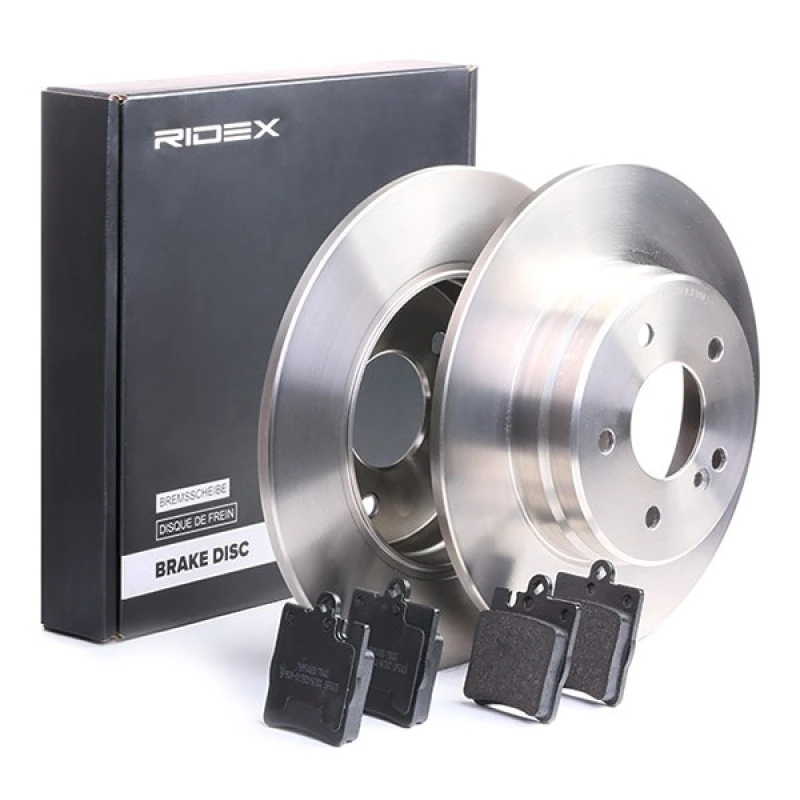 Image of RIDEX 3405B0263 Brake disc and pads set Rear Axle, Brake Disc Type: Solid, prepared for wear warning indicator, with anti-squeak plate Brake Set,disc