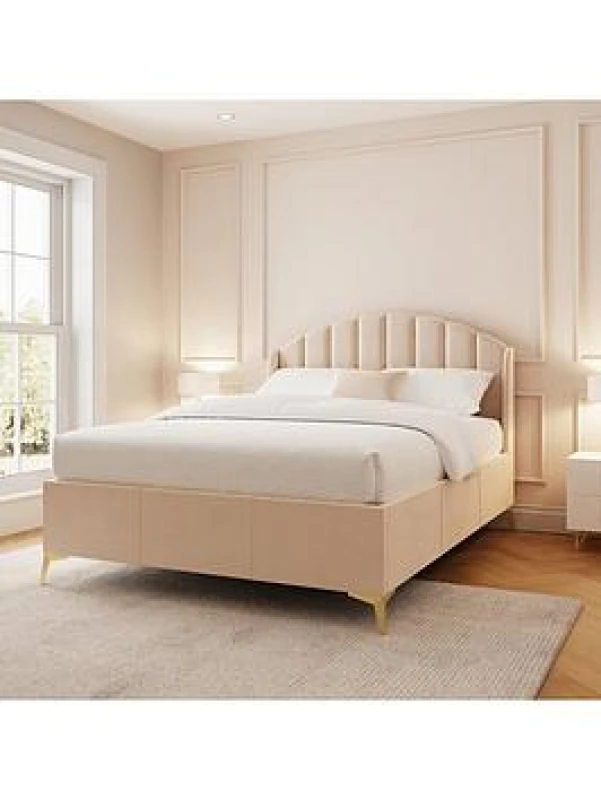 Image of GFW Pettine King Natural Upholstered Ottoman Bed & Bonnel Mattress, Cream PET50NTSB