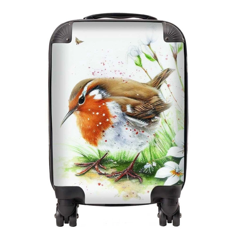 Image of Warren Reed - Designer Robin & Daisies Watercolour Suitcase in Brown Size: Large Brown Unisex Large