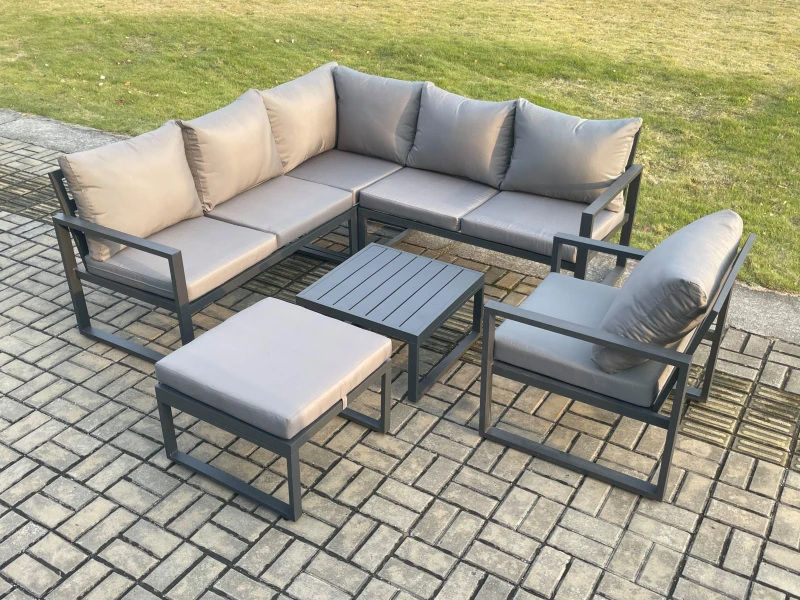 Image of Fimous Outdoor Garden Furniture Set Aluminium Lounge Sofa Square Coffee Table Sets with Chair Big Footstool Indoor Conservatory Set Dark Grey Dark Gre