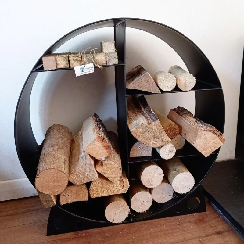 Image of Inspirational Gifting Steel Round Log Store & Shelves Metal Log Holder Log Storage In Black