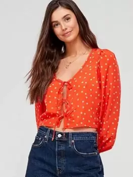 Image of Levis Tie Front Blouse - Red, Multi, Size L, Women