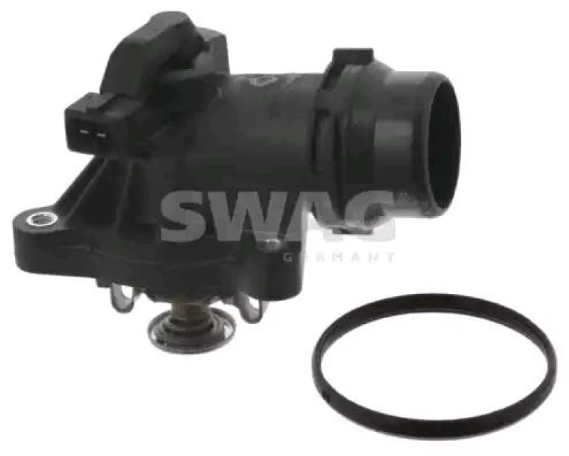 Image of SWAG 20 94 6399 Engine thermostat Opening Temperature: 105°C, 25mm, with gasket/seal, with housing Thermostat,coolant (316)