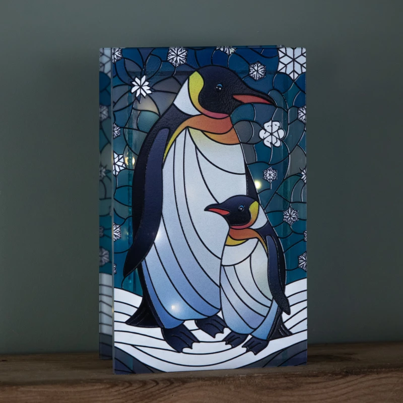 Image of 21cm Battery Operated Light up Double Sided Stained Glass Mother & Baby Penguin Decoration with LEDs