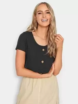 Image of Long Tall Sally Black Scoop Neck Button Through Rib Tee, Black, Size 12, Women