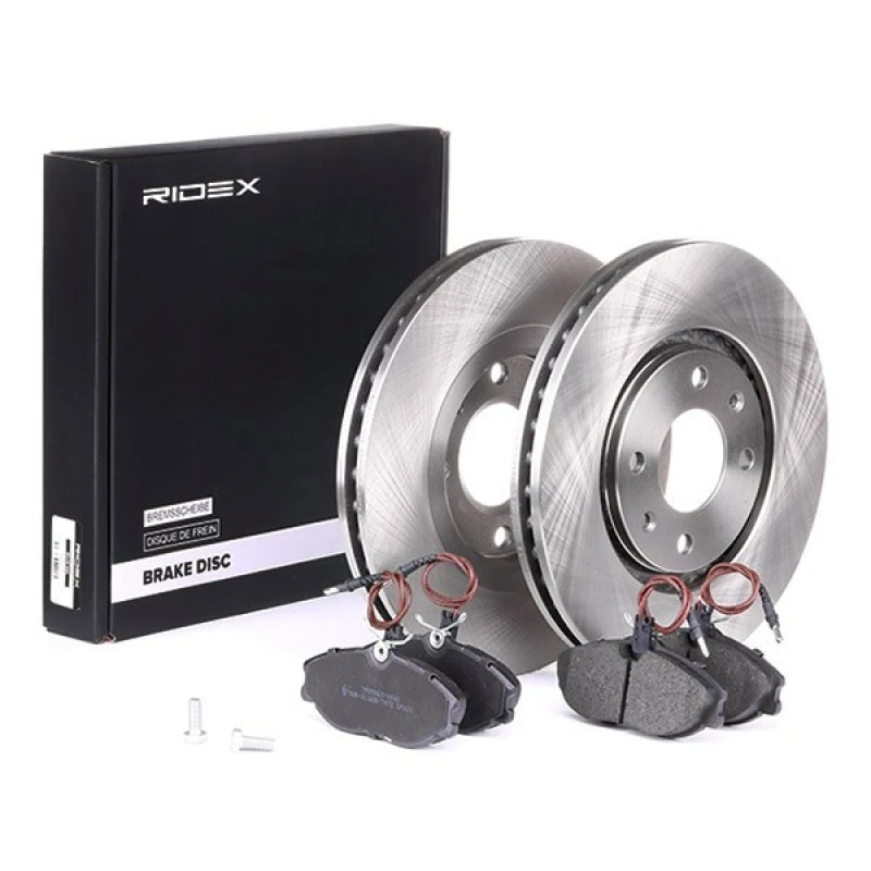 Image of RIDEX 3405B0195 Brake disc and pads set Front Axle, Brake Disc Type: Vented, incl. wear warning contact Brake Set,disc brakes (3405)