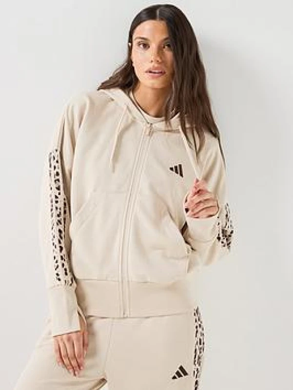 Image of Adidas SPORTSWEAR Essentials Leopard Print Long Sleeve Zip-Up Hoodie Beige/Leopard Print Cotton XS