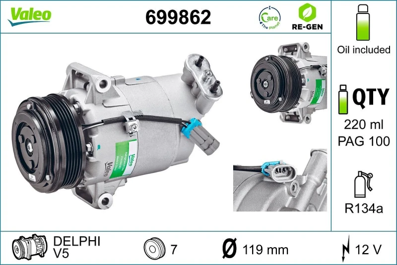 Image of VALEO 699862 AC Compressor REMANUFACTURED, PAG 46, Refrigerant: R134a, with PAG compressor oil Compressor,air conditioning (447)